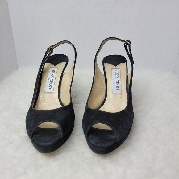 Jimmy Choo “Nova” Slingback Peep Toe Platform Pumps Black Satin Shoes Size 8 - Picture 2 of 11
